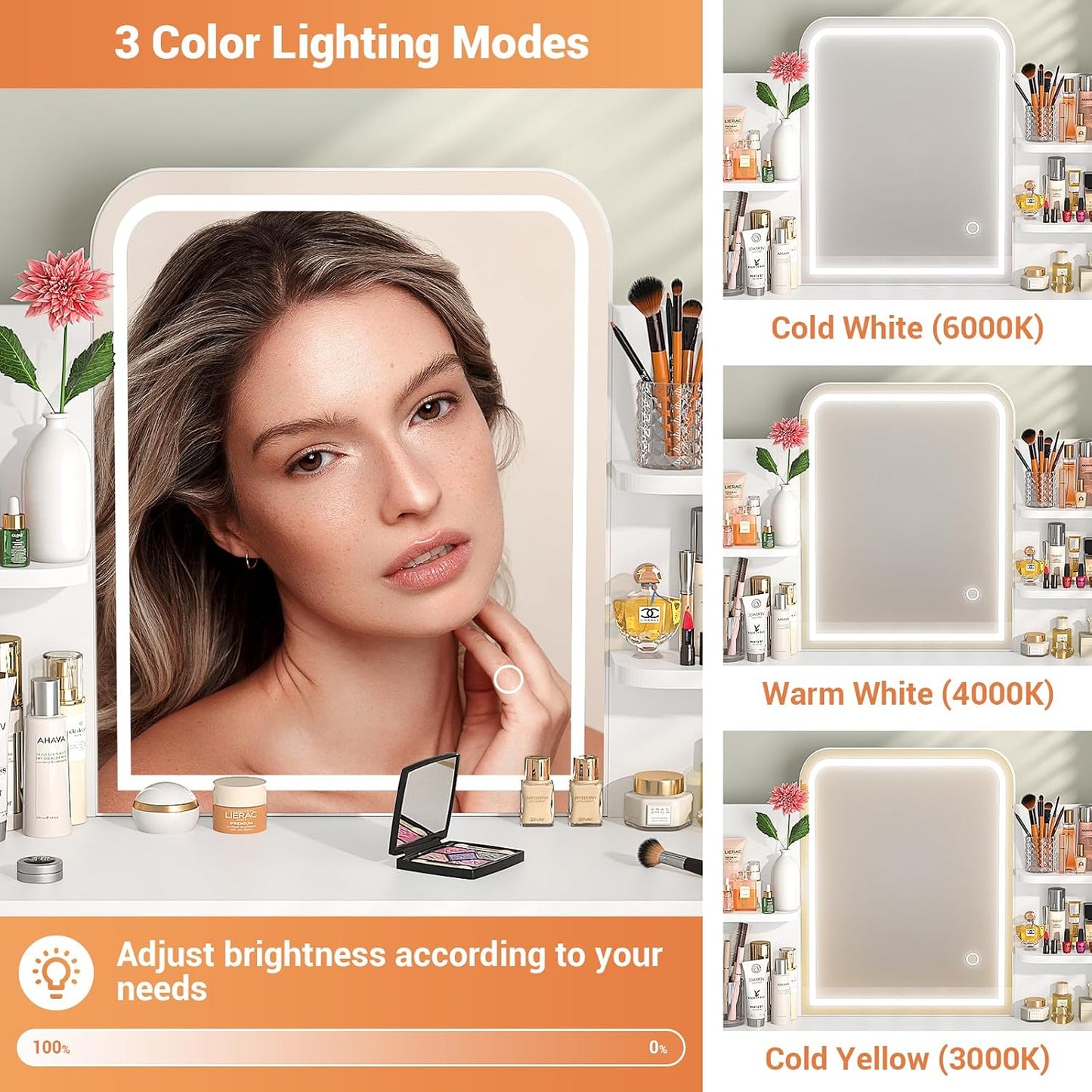 (New Open Box) Cyclysio Vanity Desk, Makeup Vanity Desk with Mirrors, Vanity Set with 2 Storage Drawers and Open Shelves, 3 Colors LED Brightness Adjustable Dressing Table, Makeup Desk for Girls and Women, White