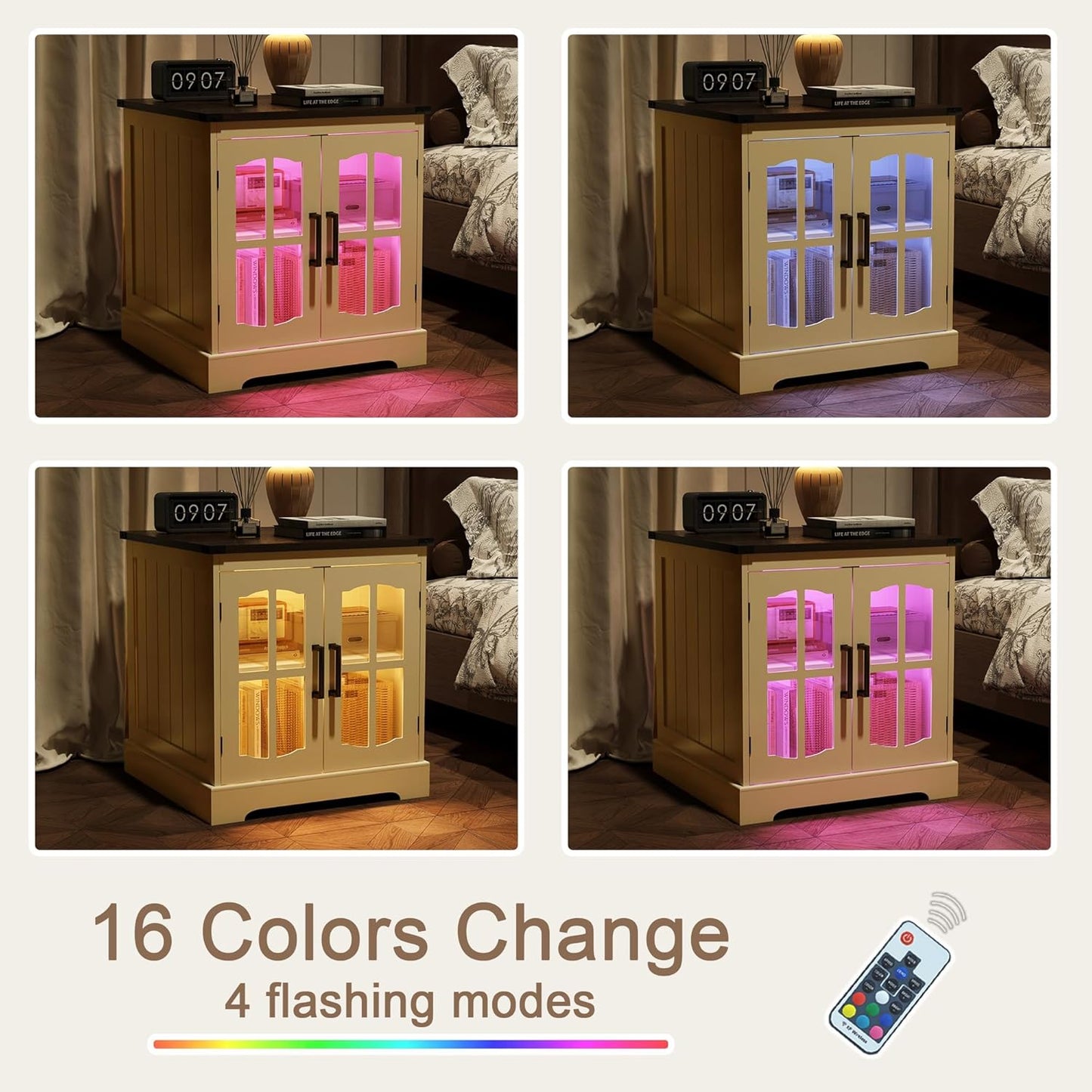 (New Open Box) ChooChoo Farmhouse End Table, 24" Large Sofa Side Table with Charging Station & LED Light, Nightstand with Adjustable Storage Shelf, Square Bedside Table for Living Room Beige (Cream Mix with White)