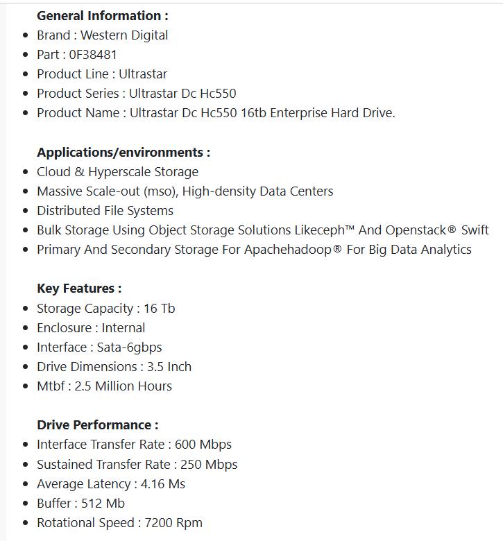 (Brand New) Dell Western Digital Ultrastar DC HC550 3.5 inch Hard Drive 16TB 7.2K SATA 6G