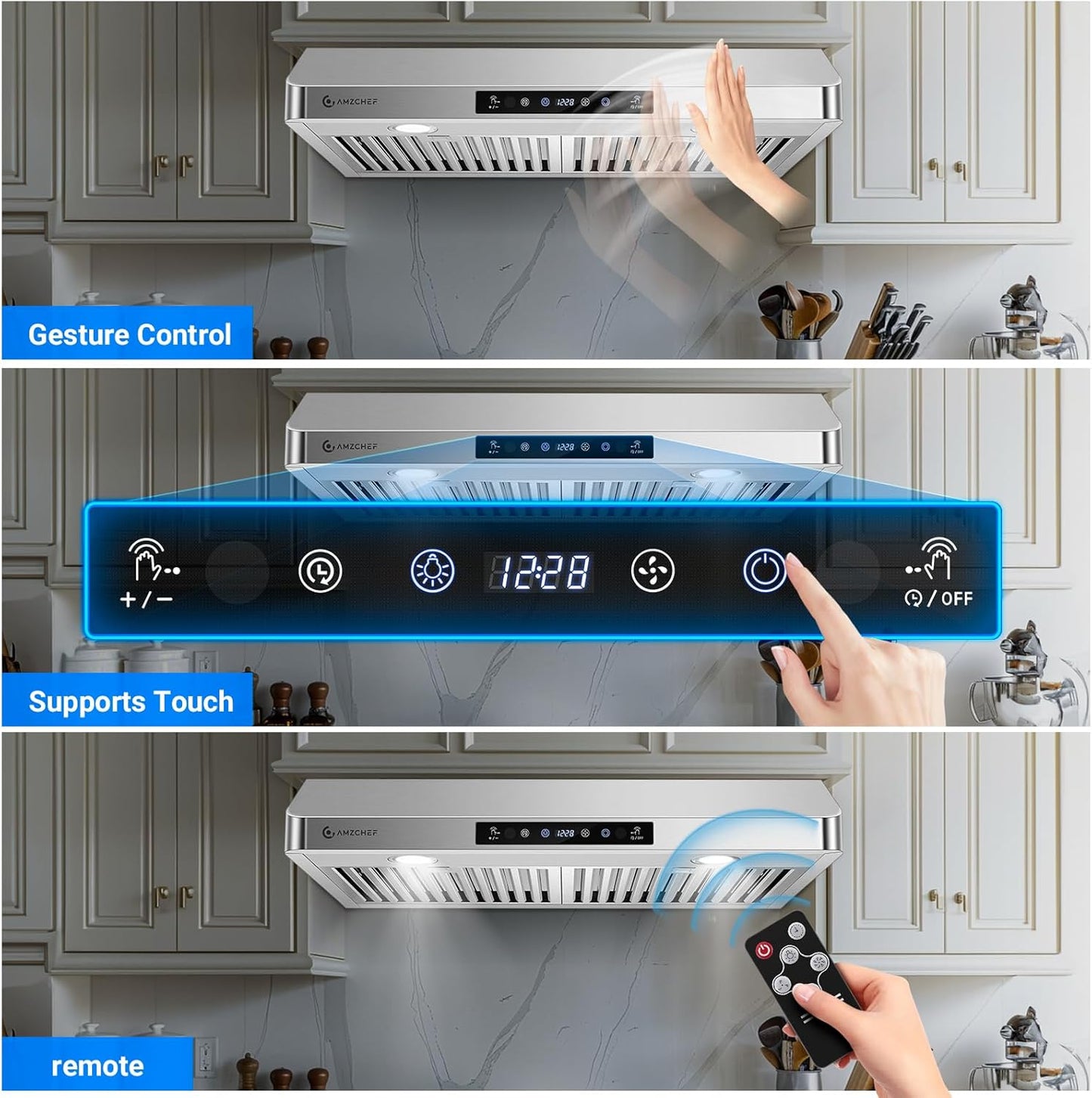 (New Open Box) AMZCHEF (LF0176C1) Under Cabinet Range Hood 30 Inch, 700CFM Stainless Steel Kitchen Stove Vent Hood 3 Speed Exhaust Fan Touch/Remote Control LED lights Time Setting Dishwasher-Safe Baffle Filters