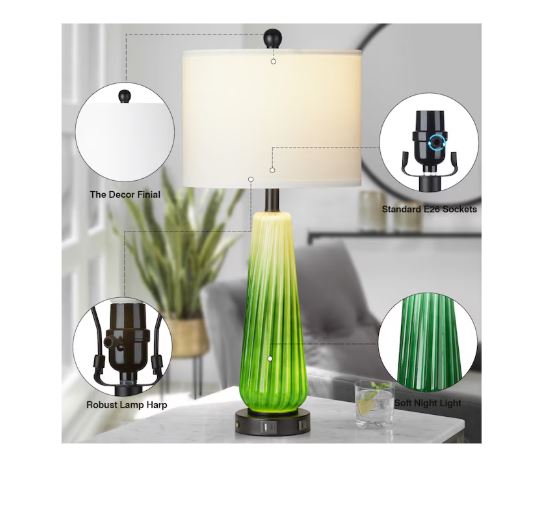 (Brand New) 27.5-in Green LED Table Lamp Set of 2 | Rotary Socket • Linen Shade | TD-257