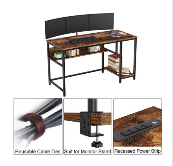 (New Open Box) Rolanstar Metal Frame Computer Desk with Power Outlets and Storage Shelf 55 Inch