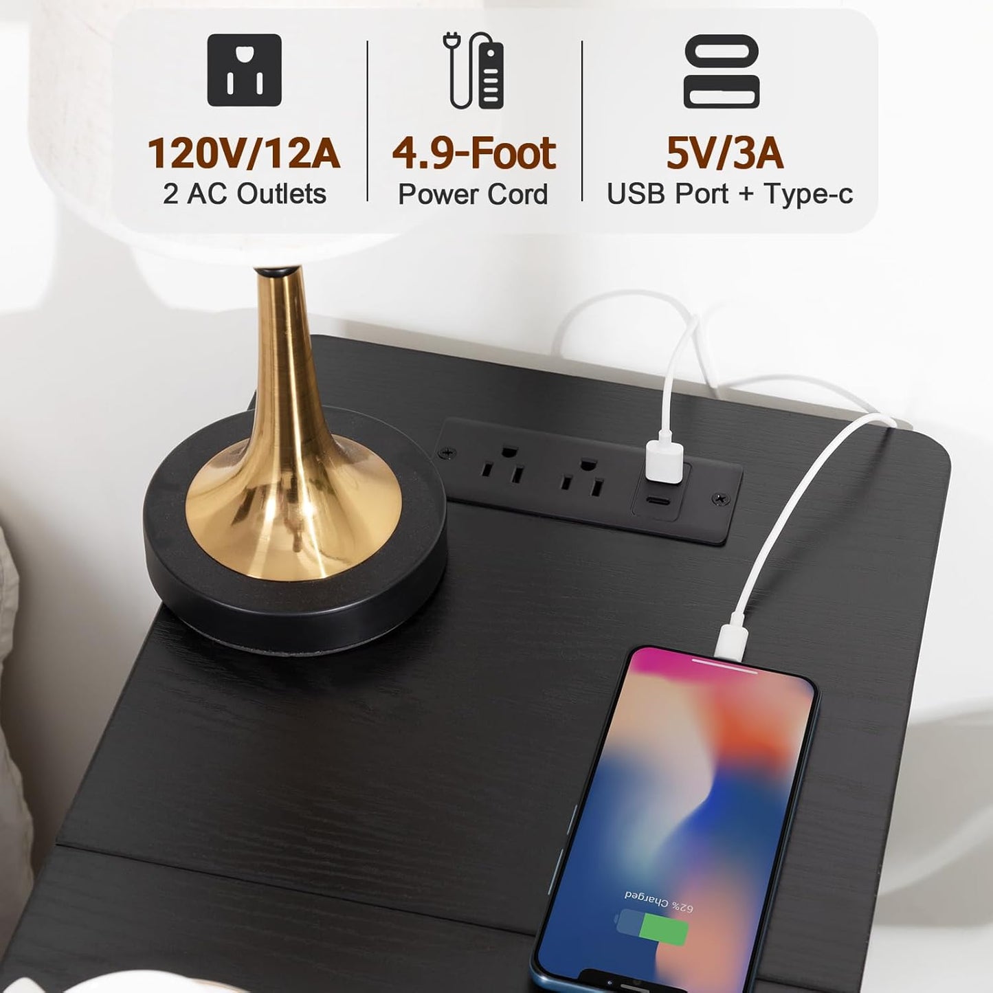 (New Open Box) AMHANCIBLE Narrow Nightstand with Charging Station, Slim End Side Table with USB Ports, HETN012BK-1