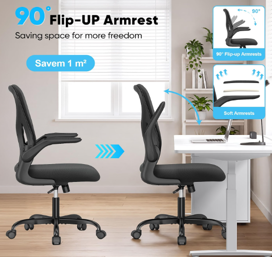 (New Open Box) Sytas Office Chair, Ergonomic Desk Chair with Lumbar Support, Adjustable Height & Flip-Up Armrests, Mesh Computer Chair, Comfy Swivel Chair for Home Office and Guitar Playing, 300 Lbs (Modern, Black)