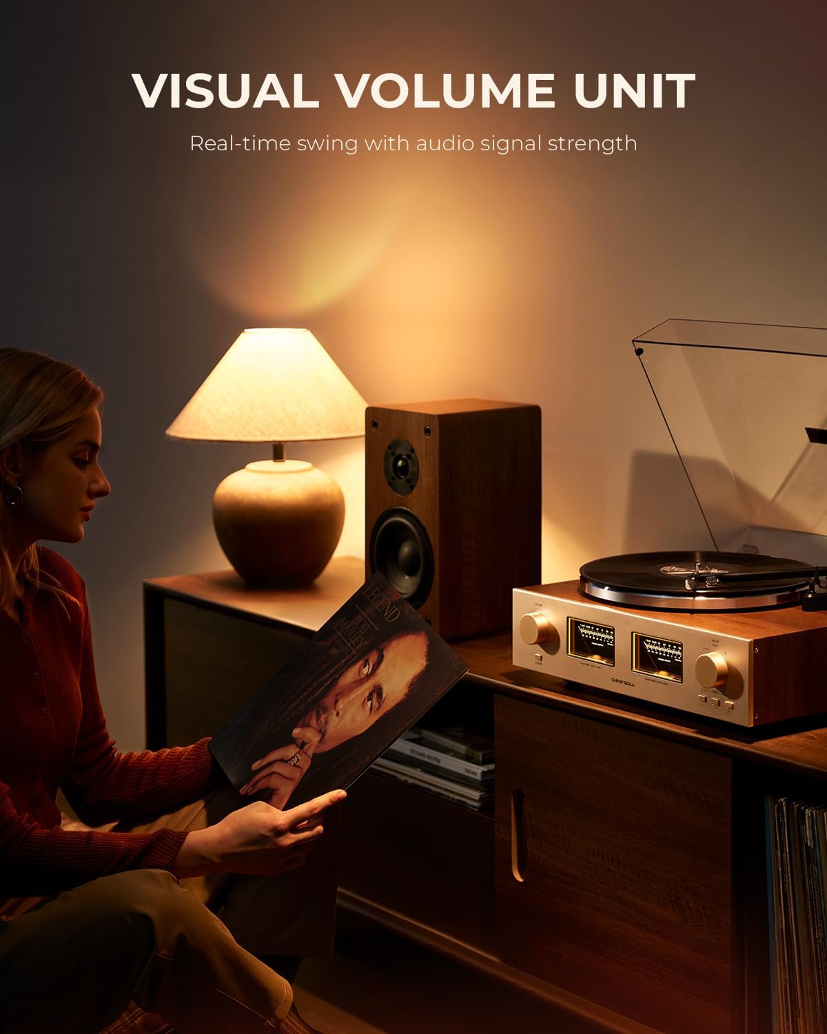 (New Open Box) QLEARSOUL HiFire X Vinyl Record Player, Audiophile HiFi Turntables System with 100W Bookshelf Speakers,VU Meter, DSP Preamp, Support 33/45 RPM, RCA LINE in | Out