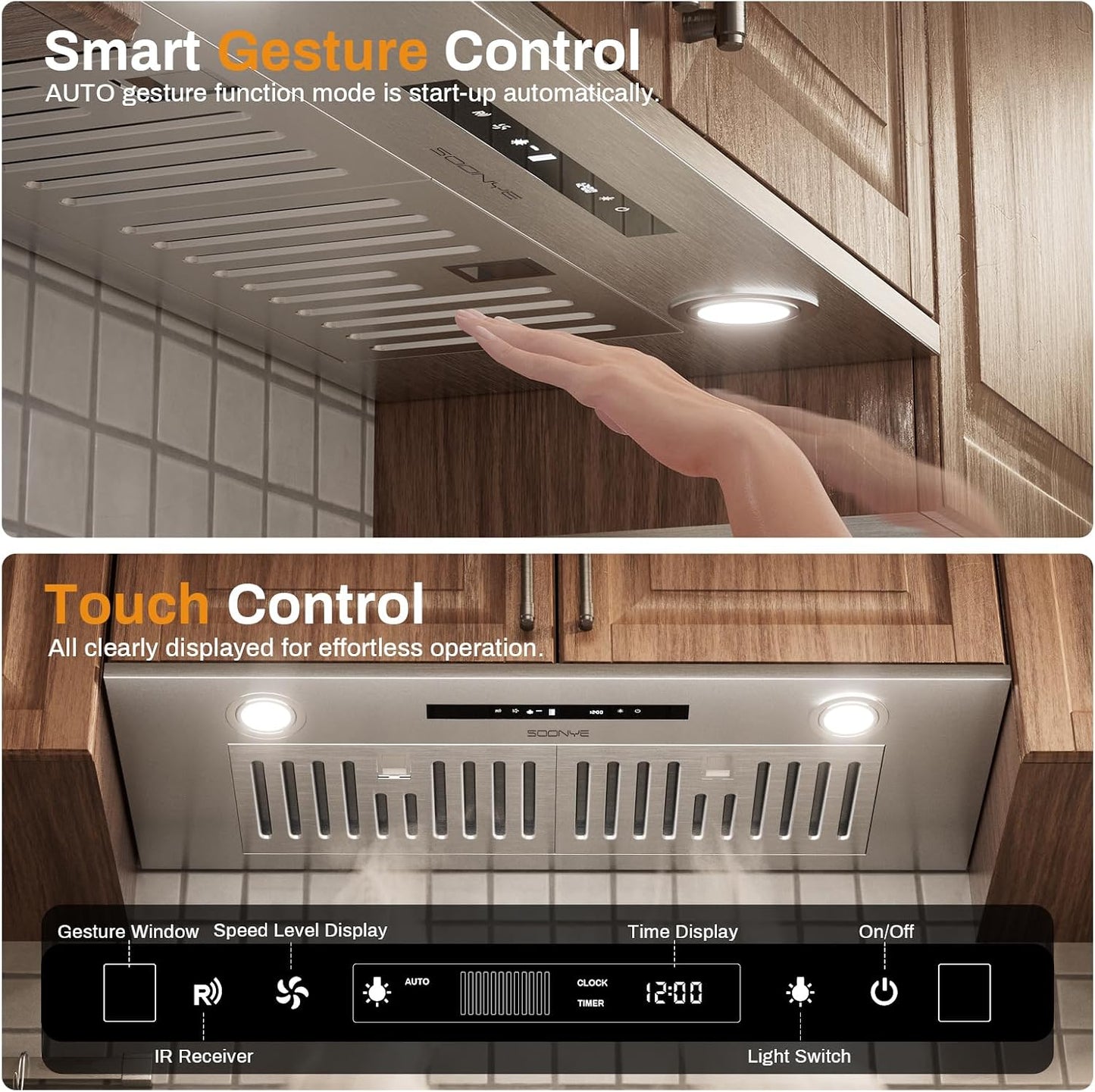 (New Open Box) Soonye 30" Insert Range Hood, 600 CFM, 3 Speed Gesture Sensor Touch Control, Remote, Silver, Under Cabinet Mount