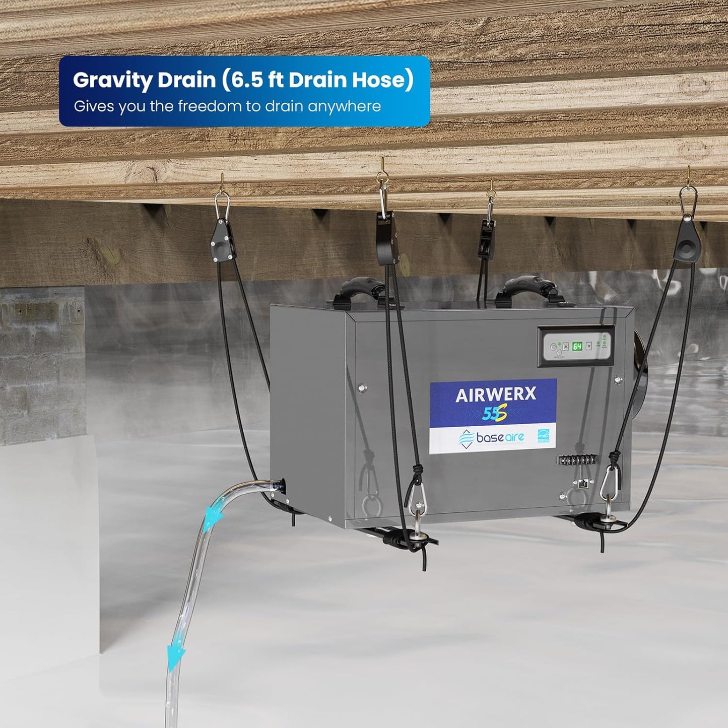 (New Open Box) BaseAire Crawlspace/Basement Dehumidifier, 120 Pints Commercial Dehumidifiers with Drain Hose, Intelligent Humidity Control, Auto Defrost,Energy Star, Portable, AirWerx55