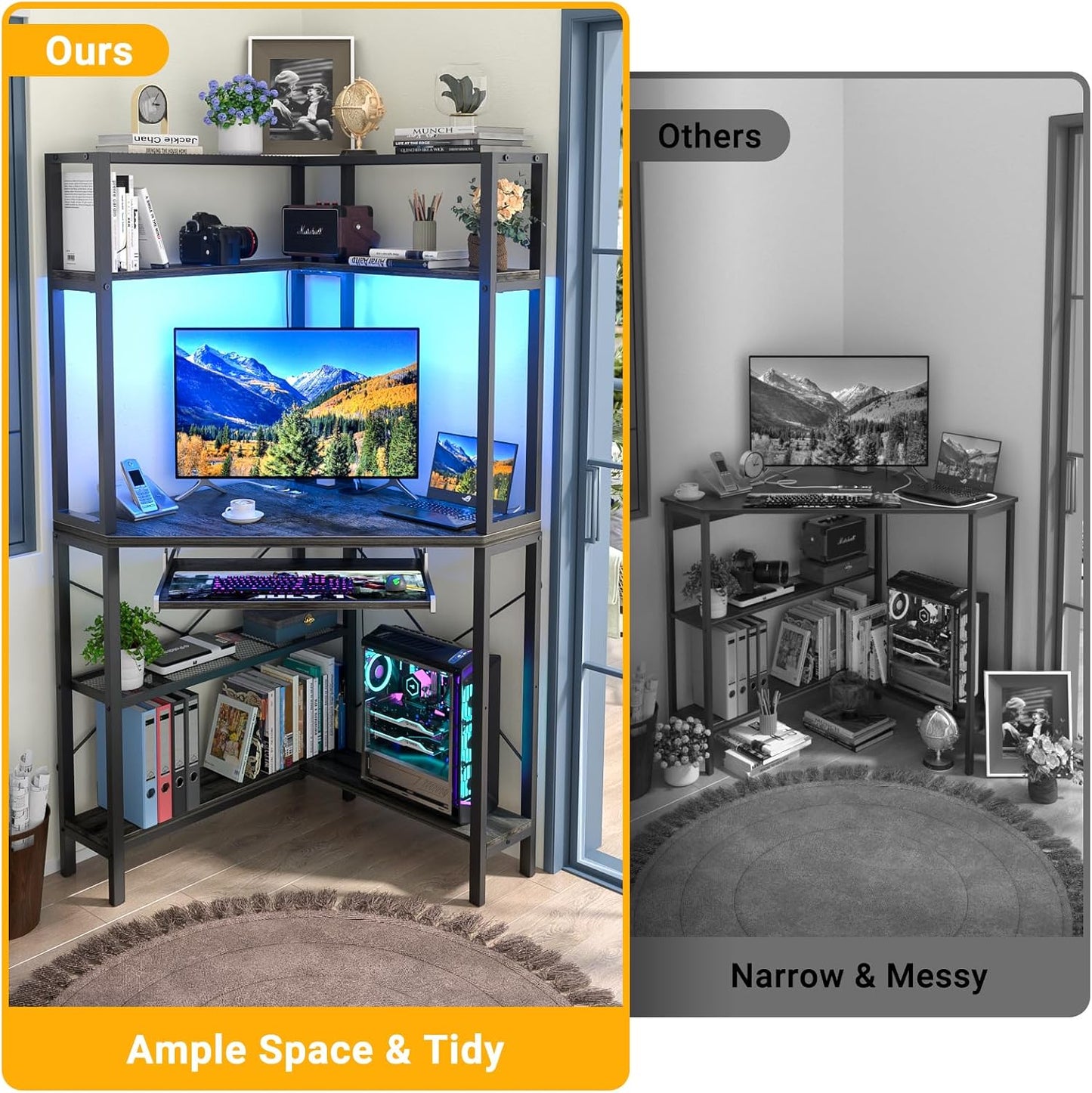 (New Open Box) Cyclysio Small Corner Desk with Hutch, Corner Gaming Desk with LED Light & Power Outlets, Computer Desk with Keyboard Tray, Triangel Desk for Small Space, Home Office, Workstation, Grey