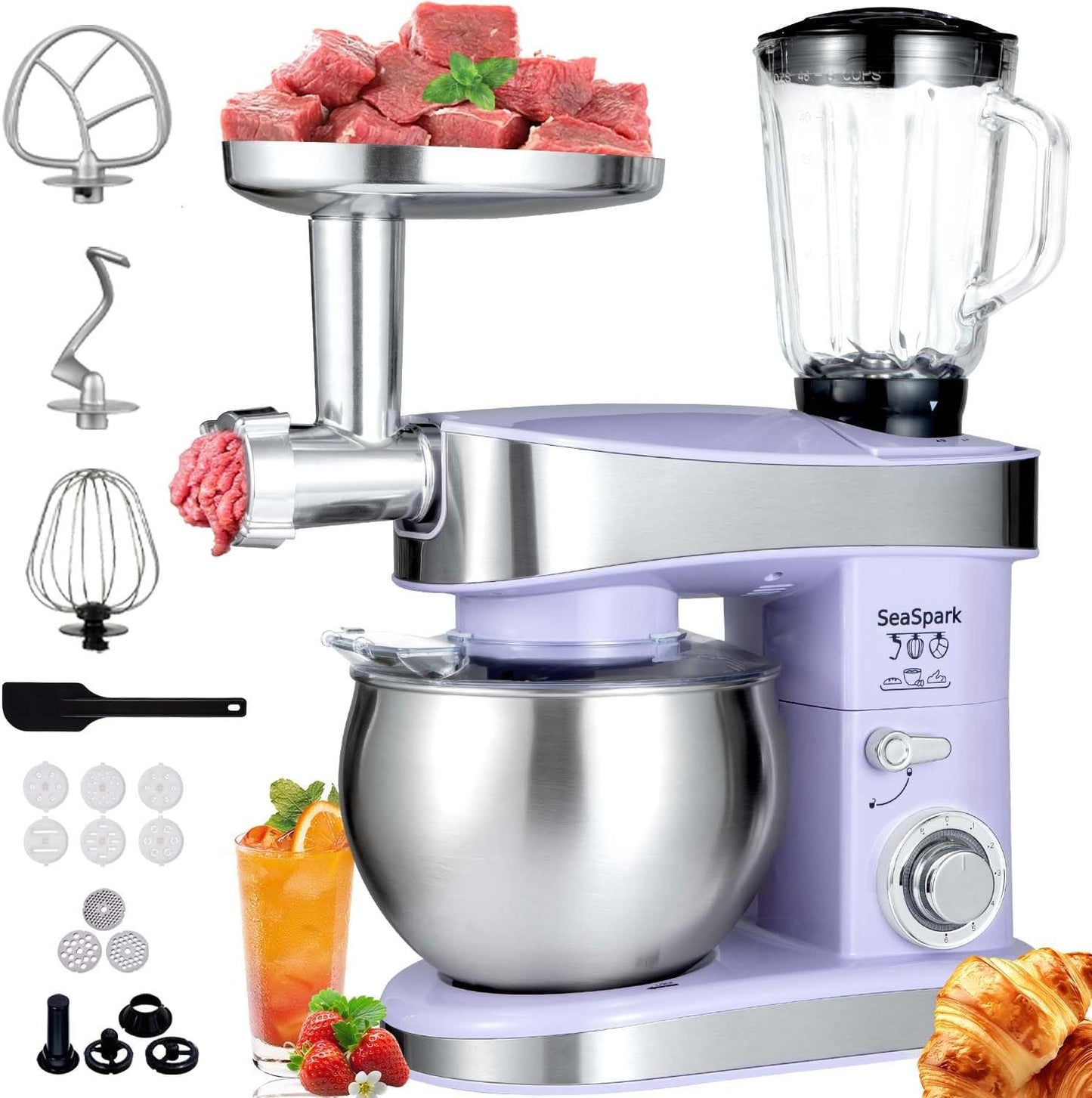 SeaSpark SC-213C Multifunctional Stand Mixer 6.3Qt 6-Speed Tilt-head, Electric Kitchen Mixer with Stainless Steel Bowl,Meat Grinder, Juice Blender