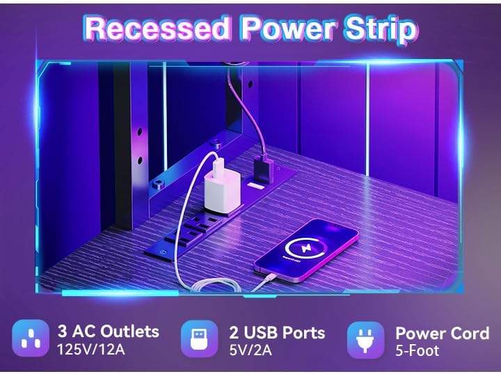 (New Open Box) AODK L Shaped Desk Gaming Desk with LED Light & Power Outlet, 53 Inch Reversible L Shaped Computer Table with Shelf & Storage Bag & Hook for Home Office, Black