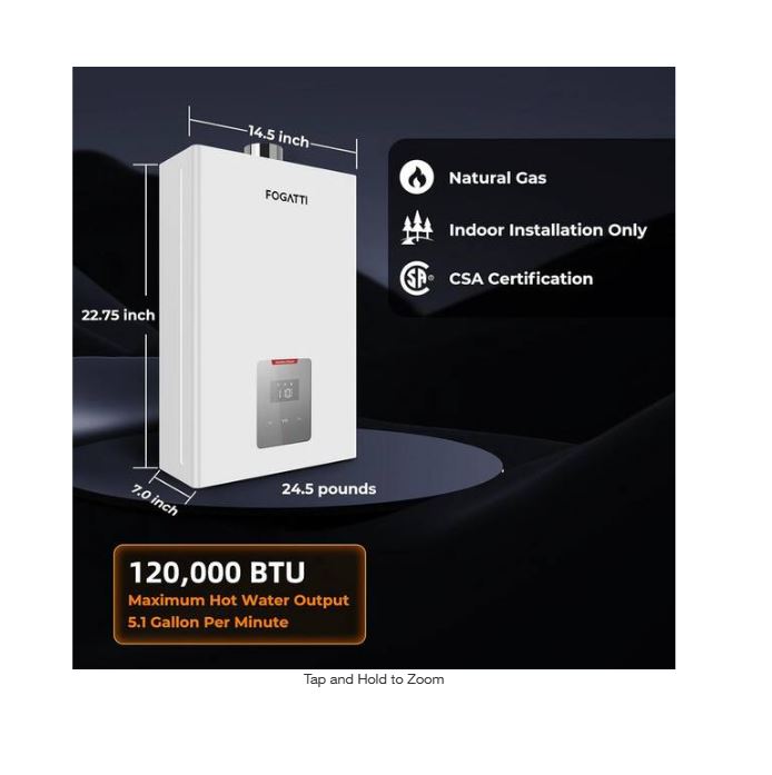 (New Open Box) Fogatti  InstaGas Classic CS120 Tankless Water Heater | 5.1 GPM • 120,000 BTU • Natural Gas