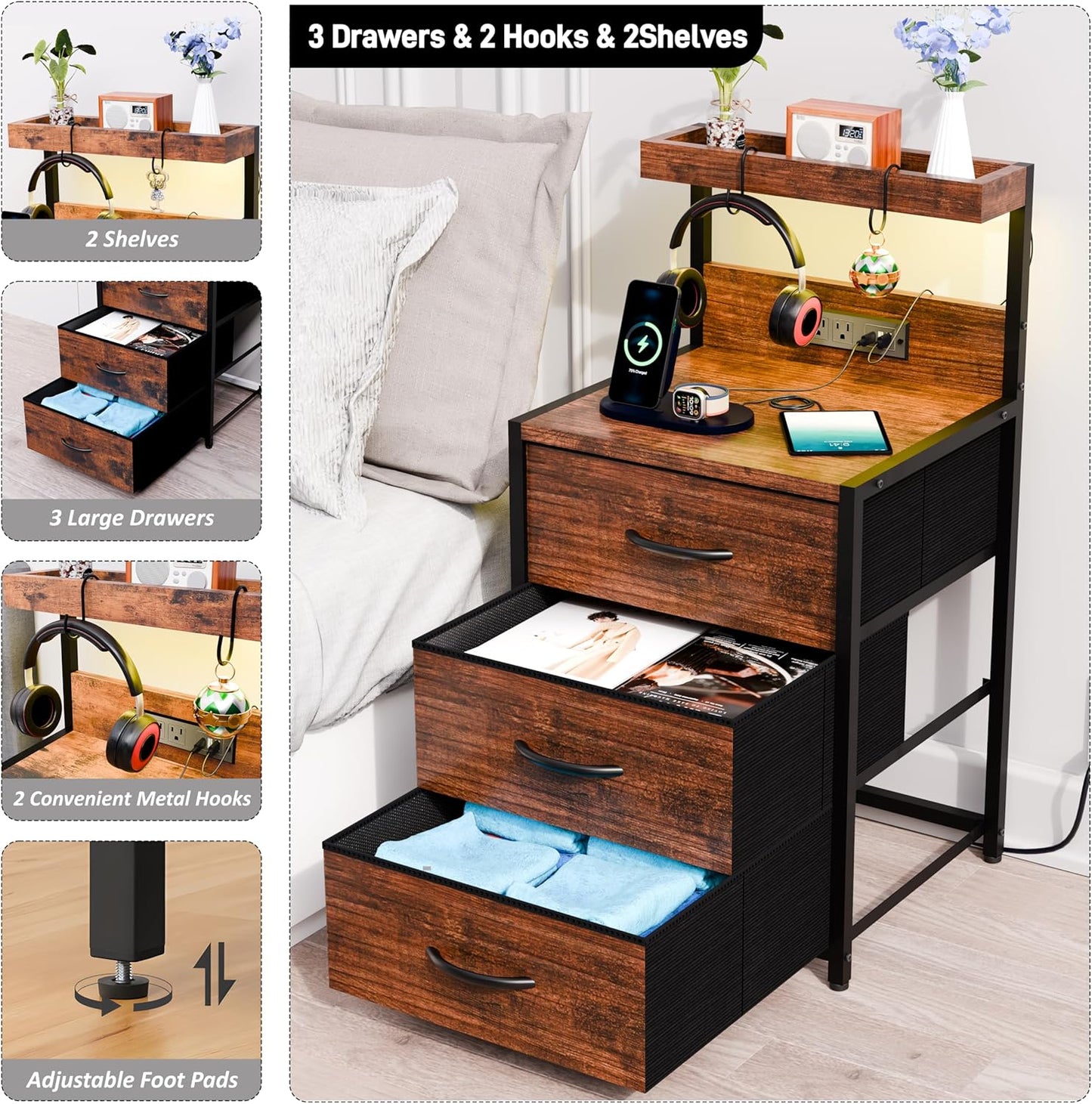 (New Open Box) SZLHANJZ Nightstands Set of 2, End Table with LED Light and Charging Station Type,  , Rustic Brown