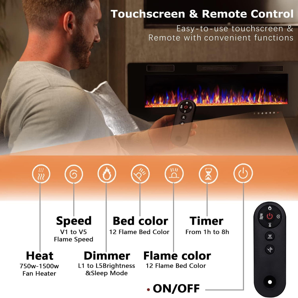 (New Open Box) Vitesse 50" Ultra-Thin Electric Fireplace – Recessed/Wall Mounted – 1500W