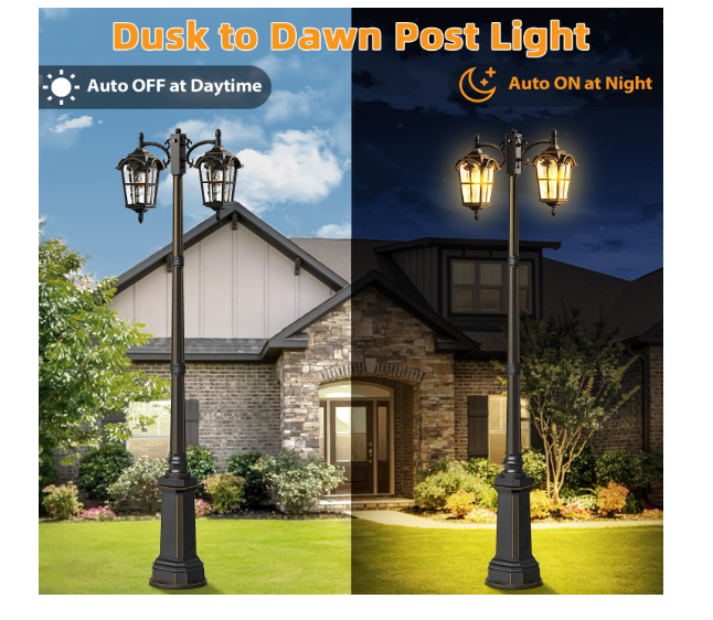 (New Open Box)  Slypadan Black Outdoor Lamp Post Light with GFCI Outlet | Dusk to Dawn