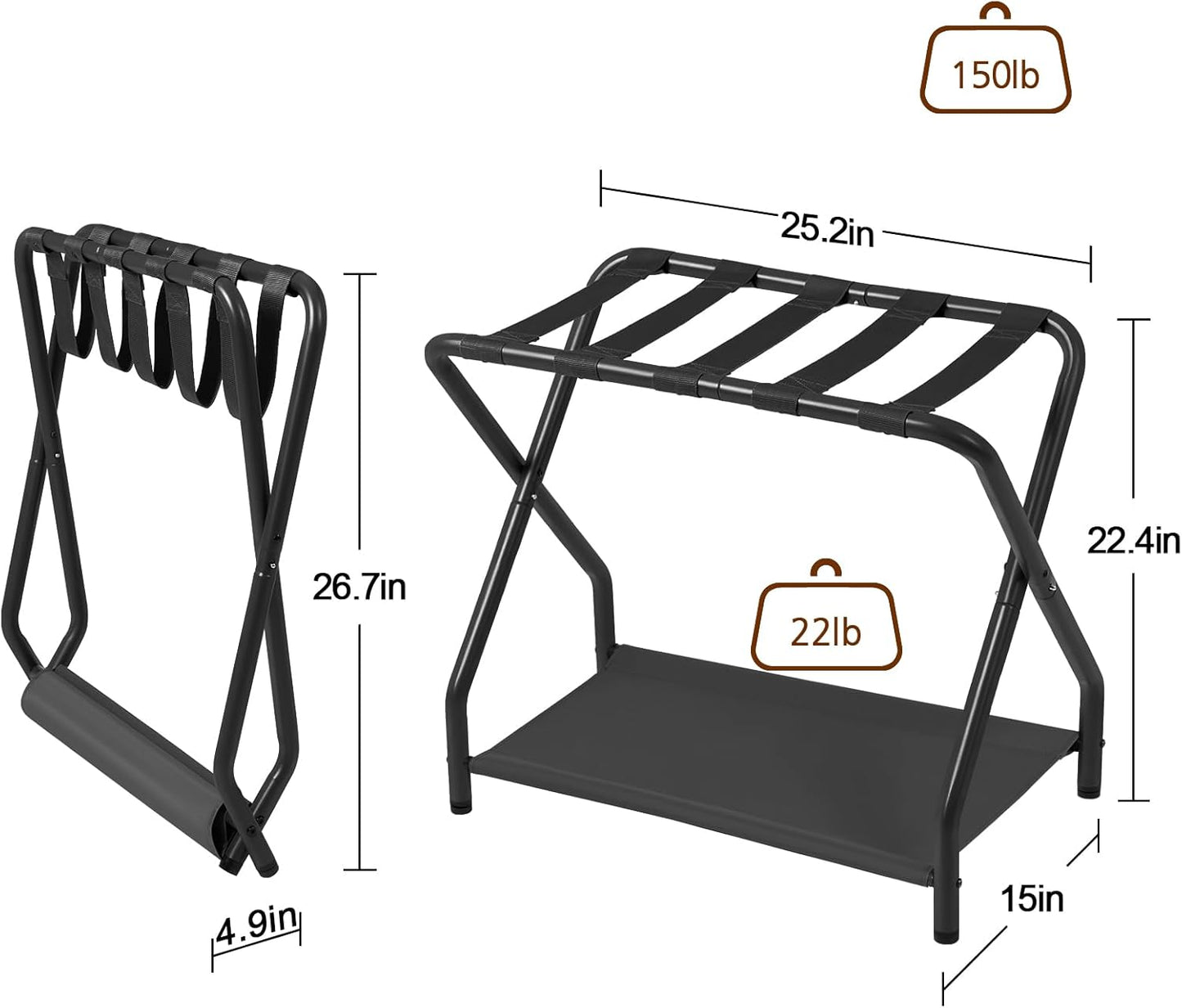 (New Open Box) AMHANCIBLE Luggage Rack, Set of 2, Foldable Suitcase Stands for Guest Room, Metal Luggage Holder with Storage Shelf for Bedroom, Hotel, Easy Assemble, Black HLR02BK