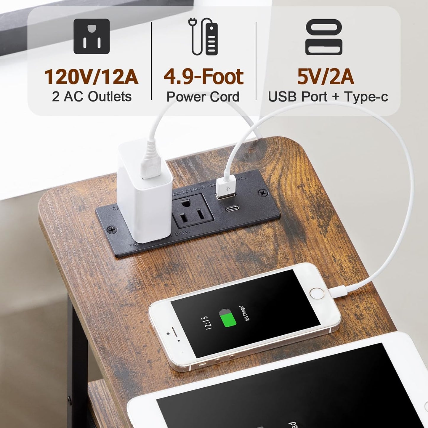 (New Open Box) LOAKEKEL Narrow Side Table with Charging Station, LED Light, Skinny Nightstand with Fabric Drawer, Slim Sofa Table for Bedroom, Small Spaces, Couch, Brown, TETNDP02LBR-1