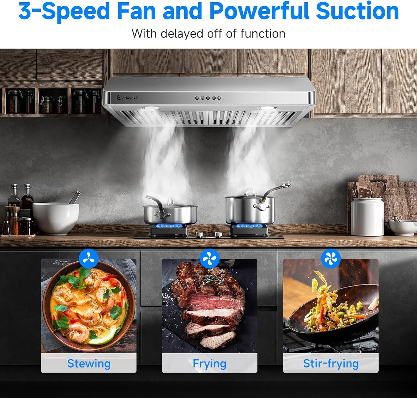 (New Open Box) AMZCHEF Under Cabinet Range Hood 30 Inch, 750CFM Stainless Steel Kitchen Stove Vent Hood 3 Speed Exhaust Fan Button Control LED lights Dishwasher-Safe Baffle Filters Three Outlet Design