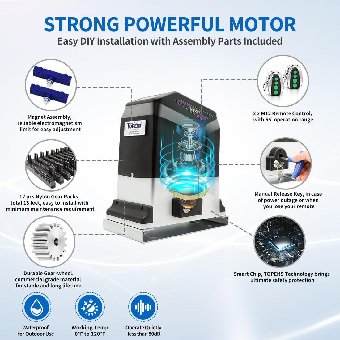 (New Open Box) TOPENS RK1200T Automatic Sliding Gate Opener Rack Drive Electric Gate Motor for Heavy Driveway Slide Gates Up to 3400 Pounds, Security Gate Operator AC Powered with Nylon Gear Rack and Remote Control