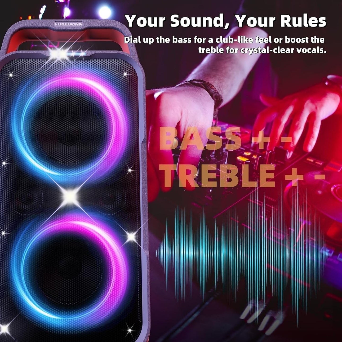 (New Open Box)  Foxdawn Portable Bluetooth Speaker – 240W Peak – Deep Bass – LED Light Show