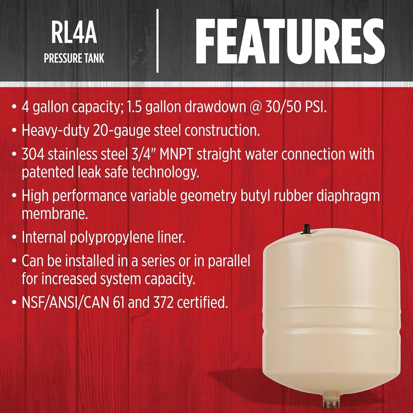 (Excellent) Red Lion RL4A - 4.5gal Inline Pre-Charged Pressure Tank for Well Pumps, 3/4 Inch MNPT System