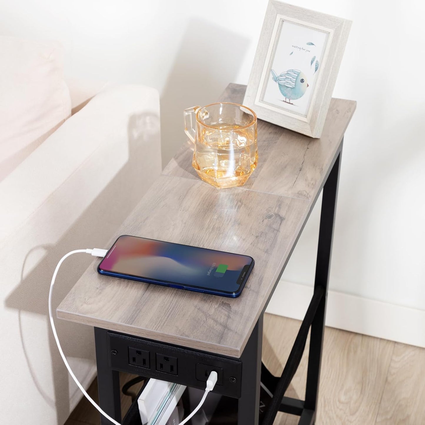 (New Open Box) Narrow Side Table Set of 2, Slim End Table with Charging Station with Magazine Holder HETN02PGY