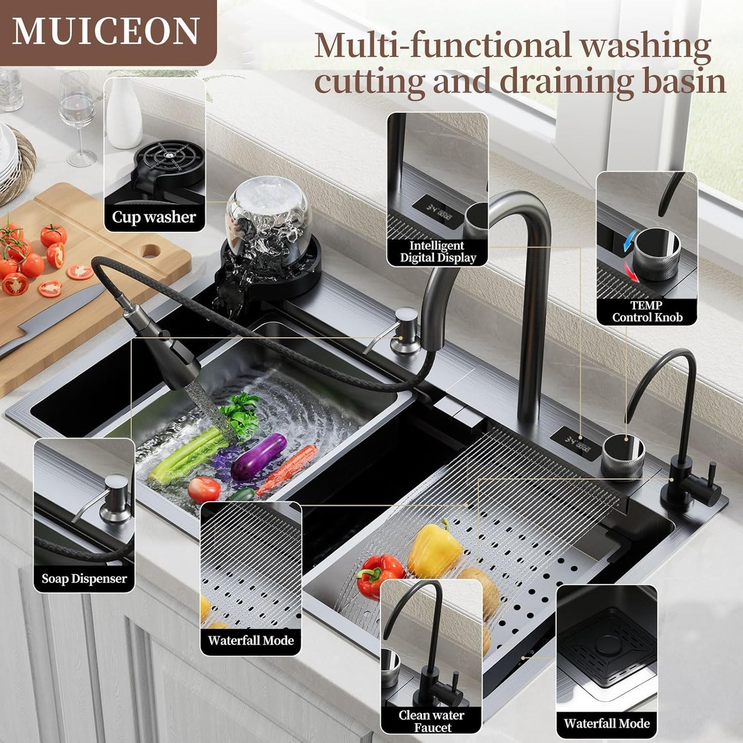 (New Open Box) Muiceon Black-Grey Nano Kitchen Sink with Waterfall 33x19x9 Inch