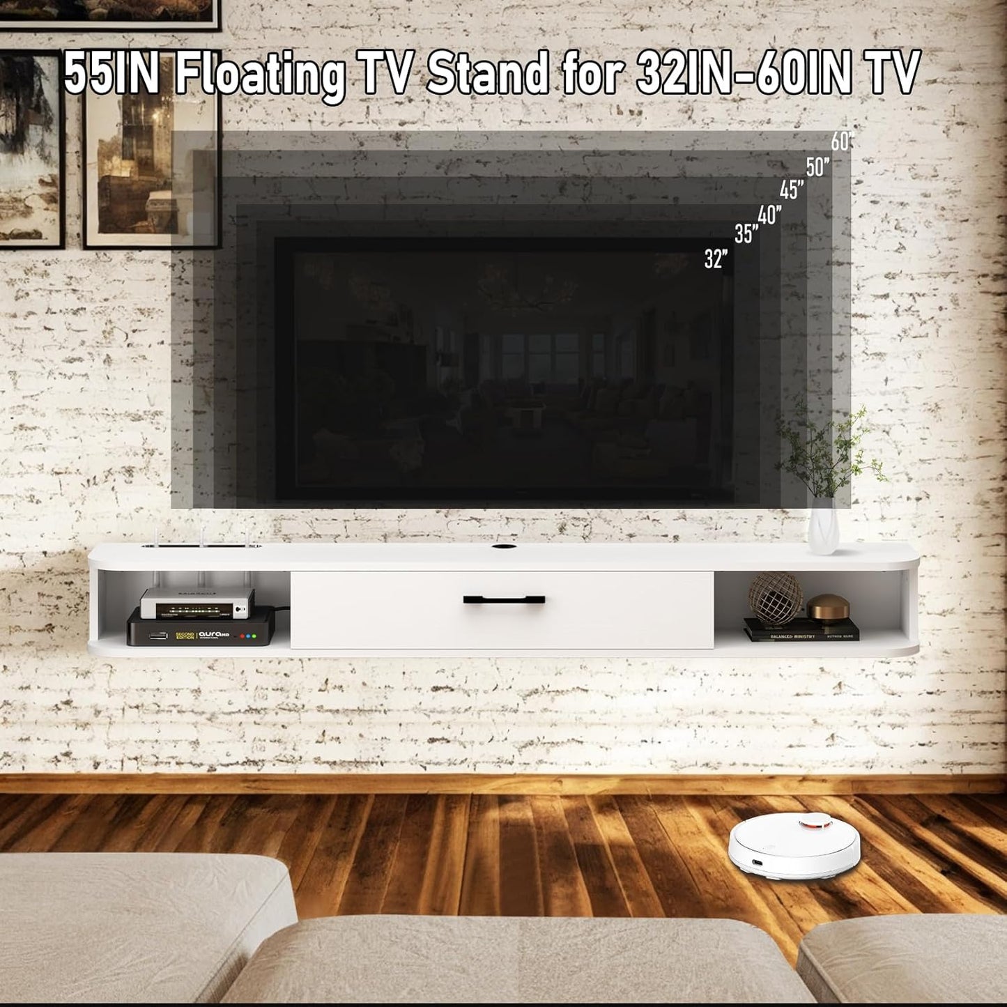 (New Open Box) Bixiaomei Floating TV Stand with LED Lights, 55'' Solid Wood Wall Mounted TV Cabinet with Glass Door, Mid-Century Entertainment Media Console Center Large Storage Shelf Under TV (55.11IN)