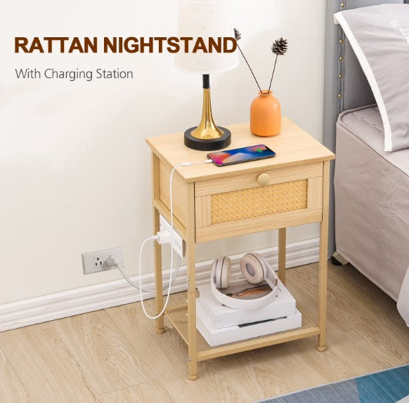 (New Open Box) 🌿🛏️ AMHANCIBLE Rattan Nightstand with Charging Station | HETRDP01BG🔌⚡