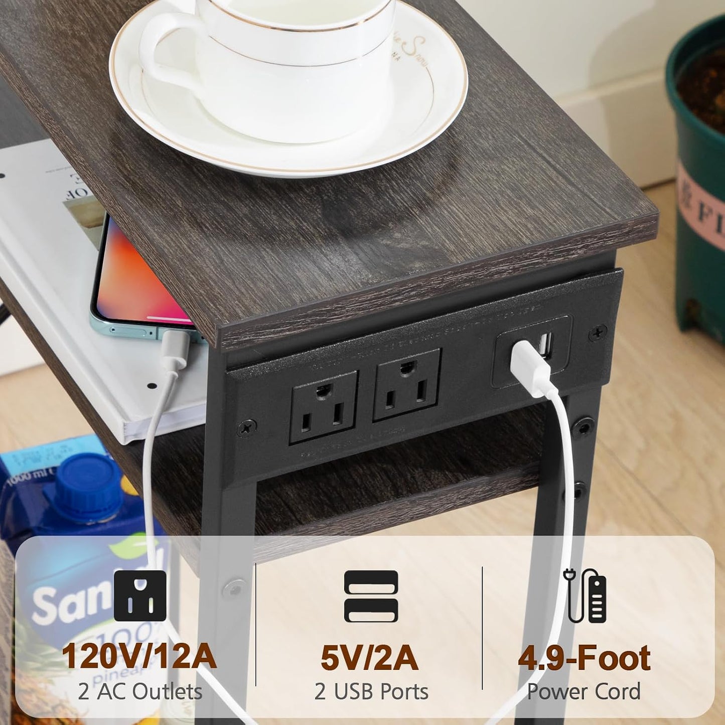 (New Open Box) AMHANCIBLE Narrow Side Table, Small End Tables for Small Spaces, 3 Tier Slim Night Stand Set 2 with Charging Station, Skinny Sofa Beside Table with Storage Shelf, Dark Grey HETN03DG