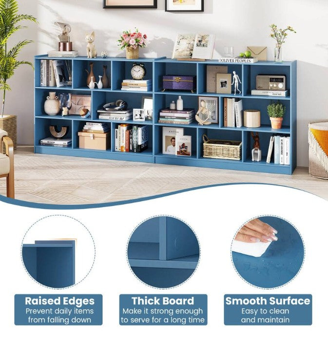 (New Open Box)  8 Cube 3-Tier Open Wooden Bookshelf & Toy Storage Organizer | Anti-Toppling • Blue
