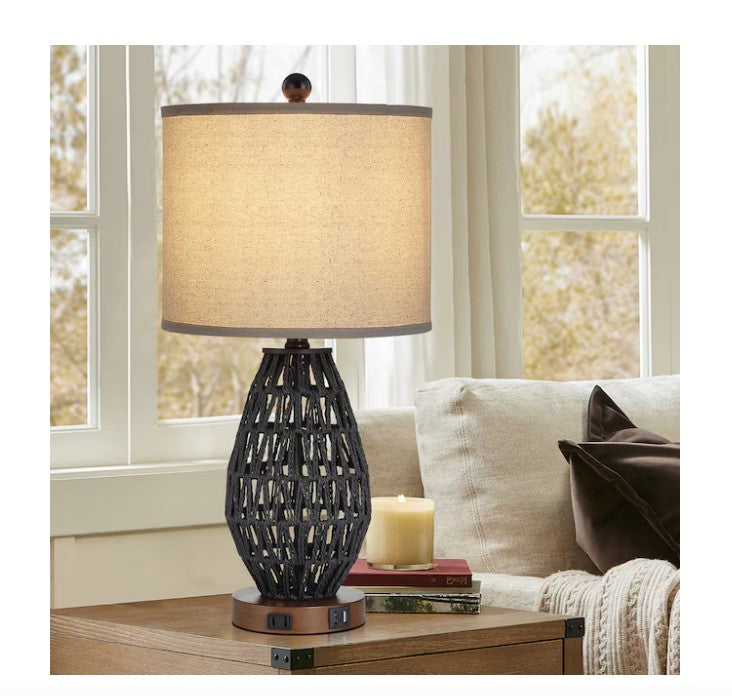 (New Open Box)  Rattan Table Lamp Set | 22.8" Black LED Touch Lamps  (TD-95)