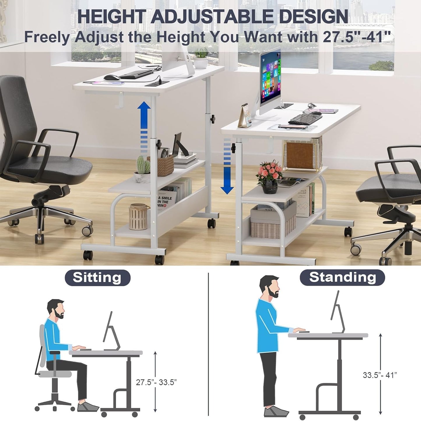 (New Open Box)   Cyclysio 39" Adjustable Height Standing Desk | White • Charging Station • Rolling Mobile Desk • Storage