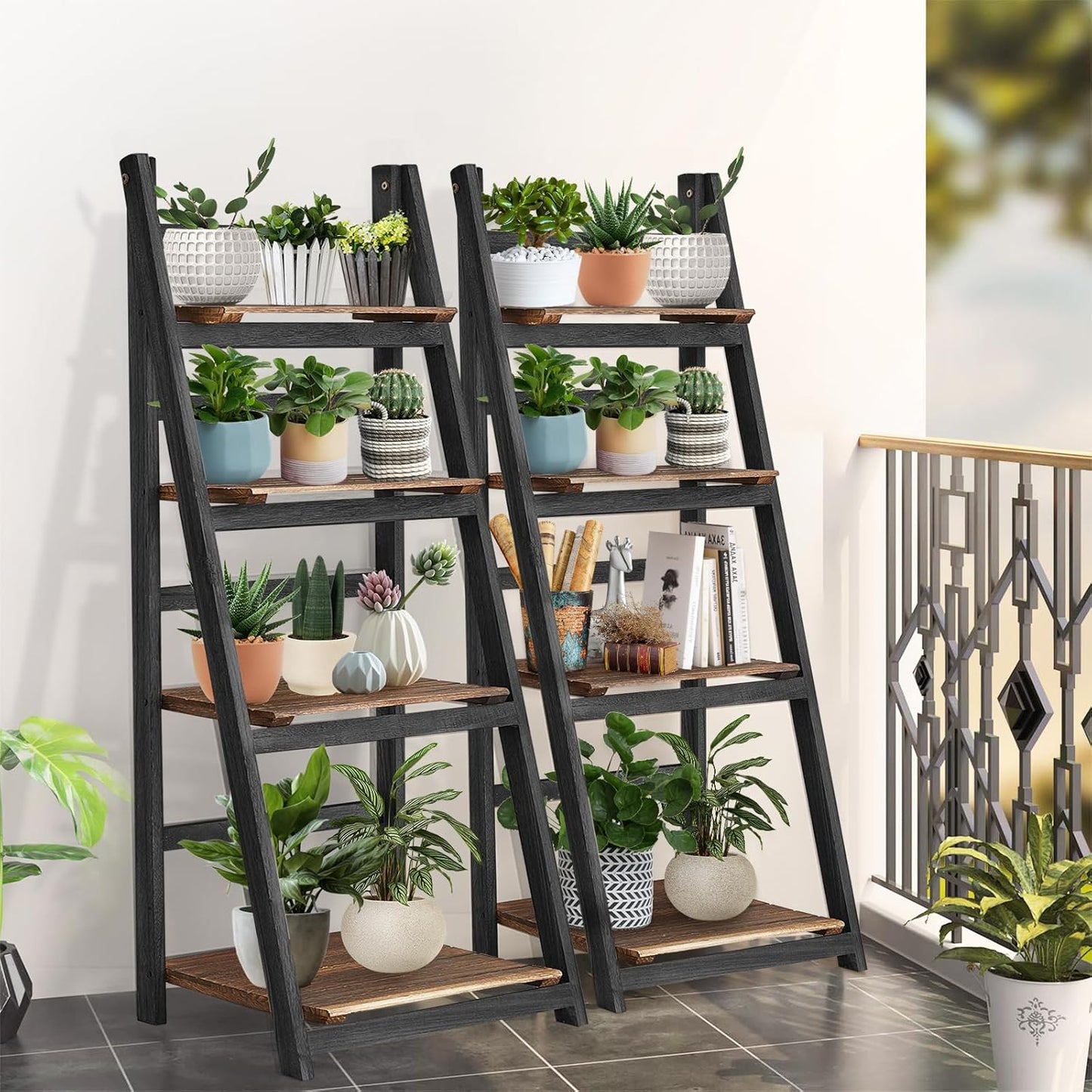 (New Open Box) Ladder Shelf, 4 Tier Ladder Shelves Rustic Solid Wood Ladder Shelf