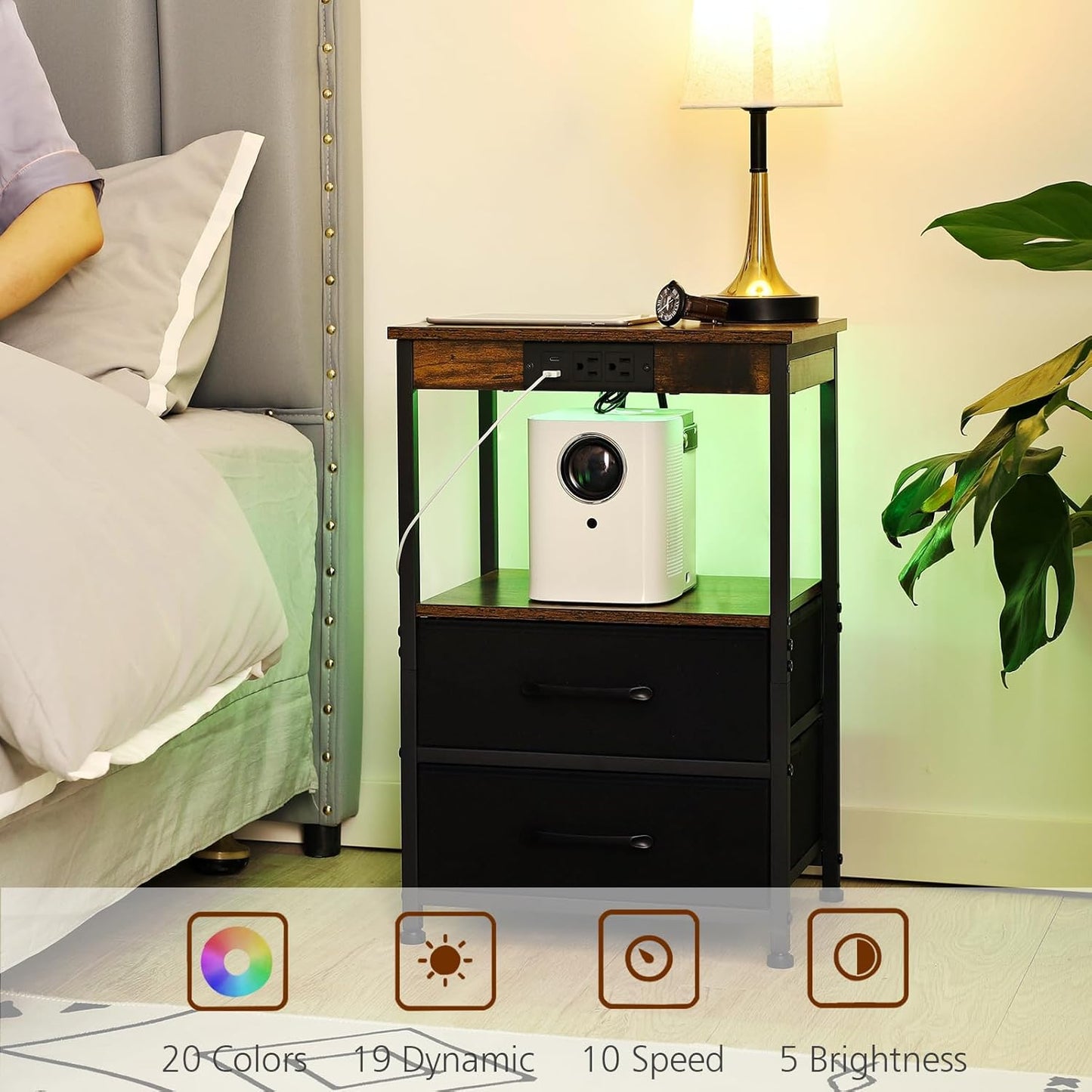 (New Open Box) LOAKEKEL End Table with 2 Drawers, Side Table with Storage Shelf, Nightstand with USB Ports and Outlets, Metal Frame, for Bedroom, Living Room,Rustic Brown HNS122BR-1