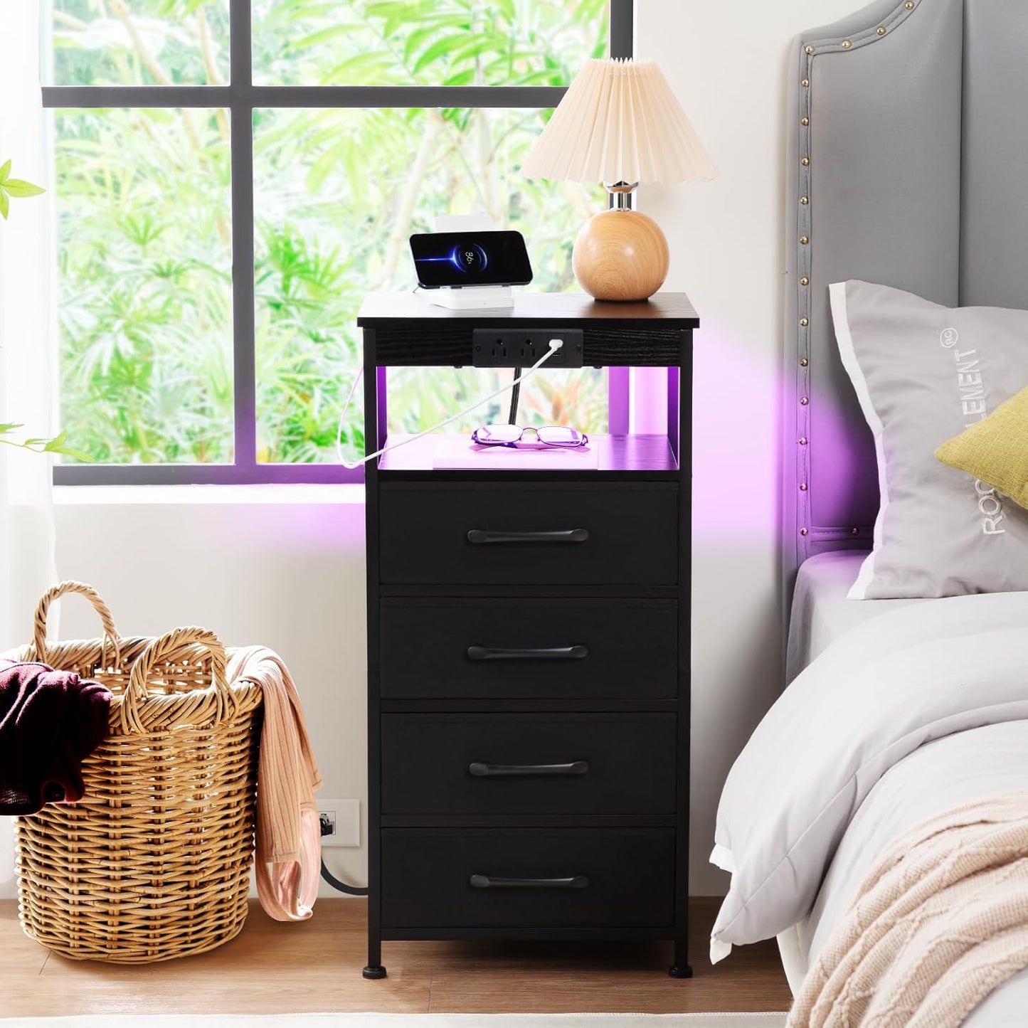 (New Open Box) AMHANCIBLE C Shaped End Table with Charging Station, TV Tray Set of 2 with Storage, Couch Tables That Slide Under, Sofa Table for Living Room, Bedroom BST004BK