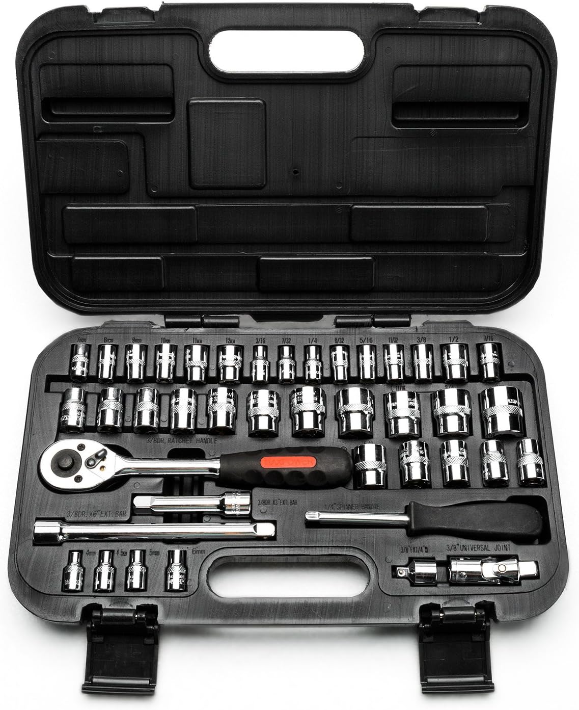 (New Open Box) MAXPOWER 42-Piece 1/4" & 3/8" Dr. Socket Wrench Set - Metric + SAE - with Included Sockets, Ratchet Handle, Extension Bars, Universal Joint, Adapter, Spinner Handle, and Carrying Case