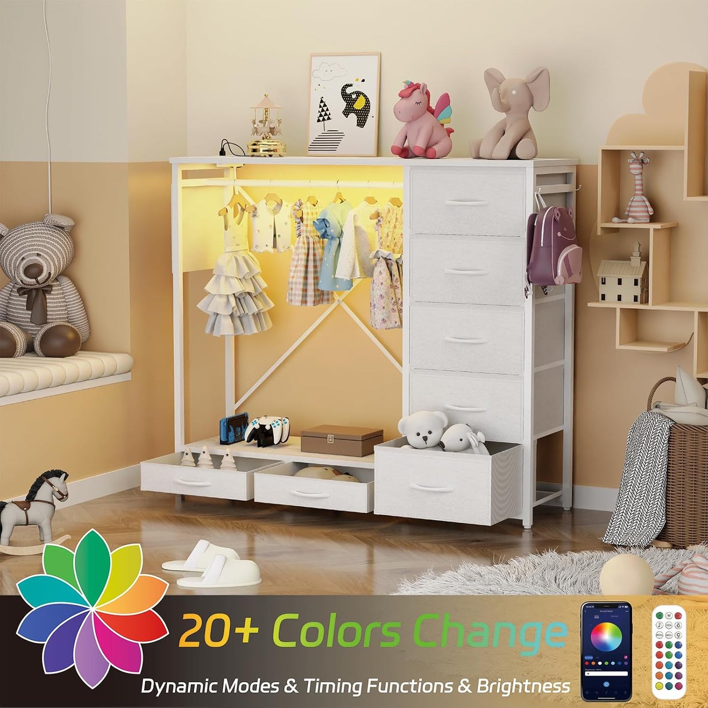 (New Open Box) SZLHANJZ Dresser for Bedroom with Hanging Rack, 7 Drawer Clothes Storage Chest with Lights and Charging Station, Wardrobe Dresser with Hooks and Pocket, Wood Top, Nursery White