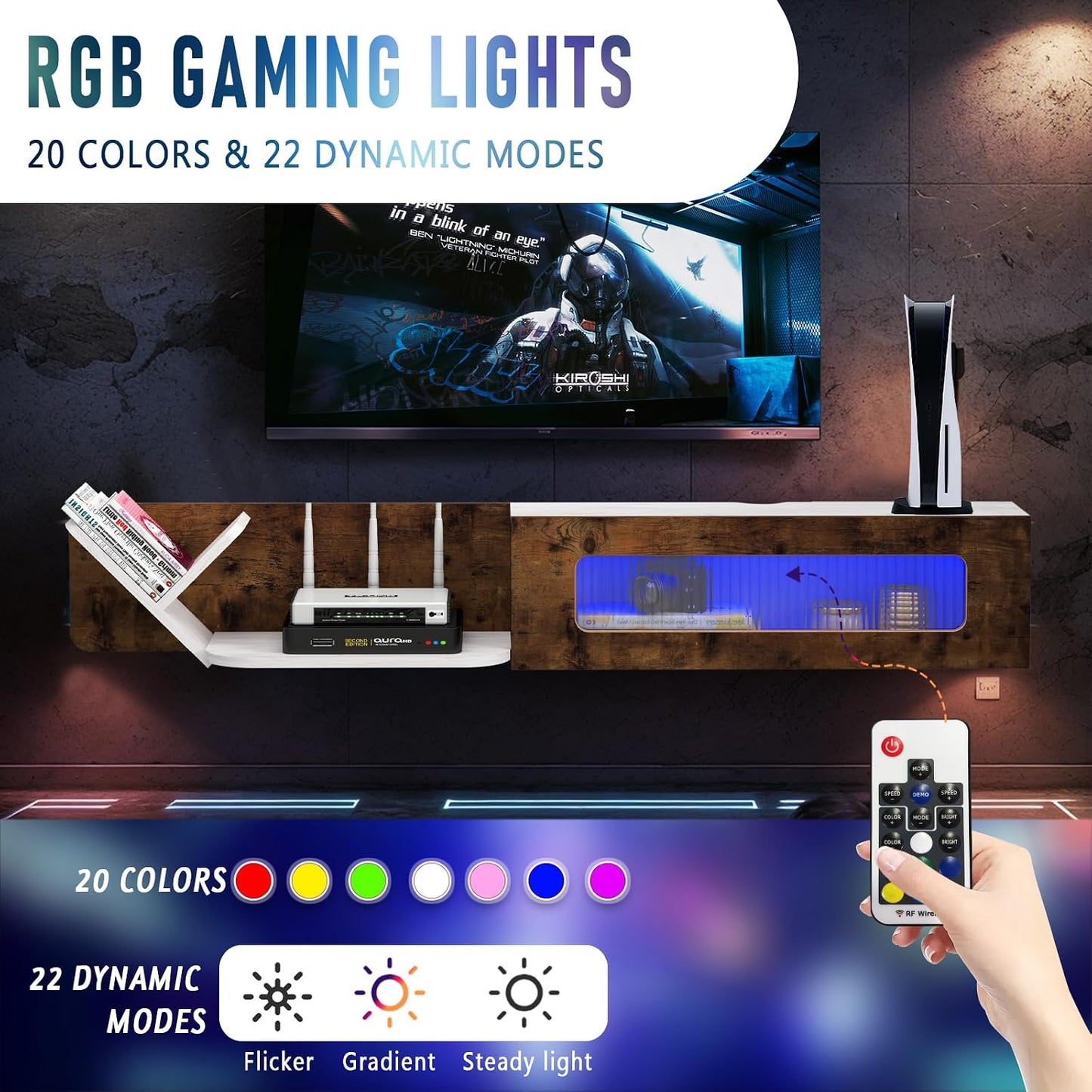 (New Open Box) Pmnianhua Rustic Floating TV Stand with LED Lights,59'' Wall Mounted TV Cosole,Under TV Shelf,Floating Entertainment Center with Glass Door and Storage for Projector,Bedroom Playroom