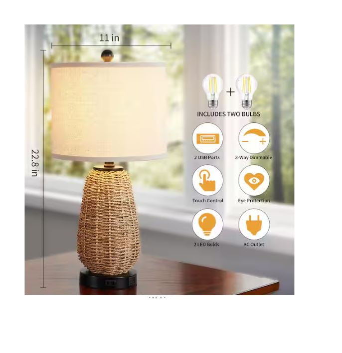 (New Open Box) 22.8-in Rattan Table Lamp Set of 2 | Wood Color • USB Ports • AC Outlet | TD-131
