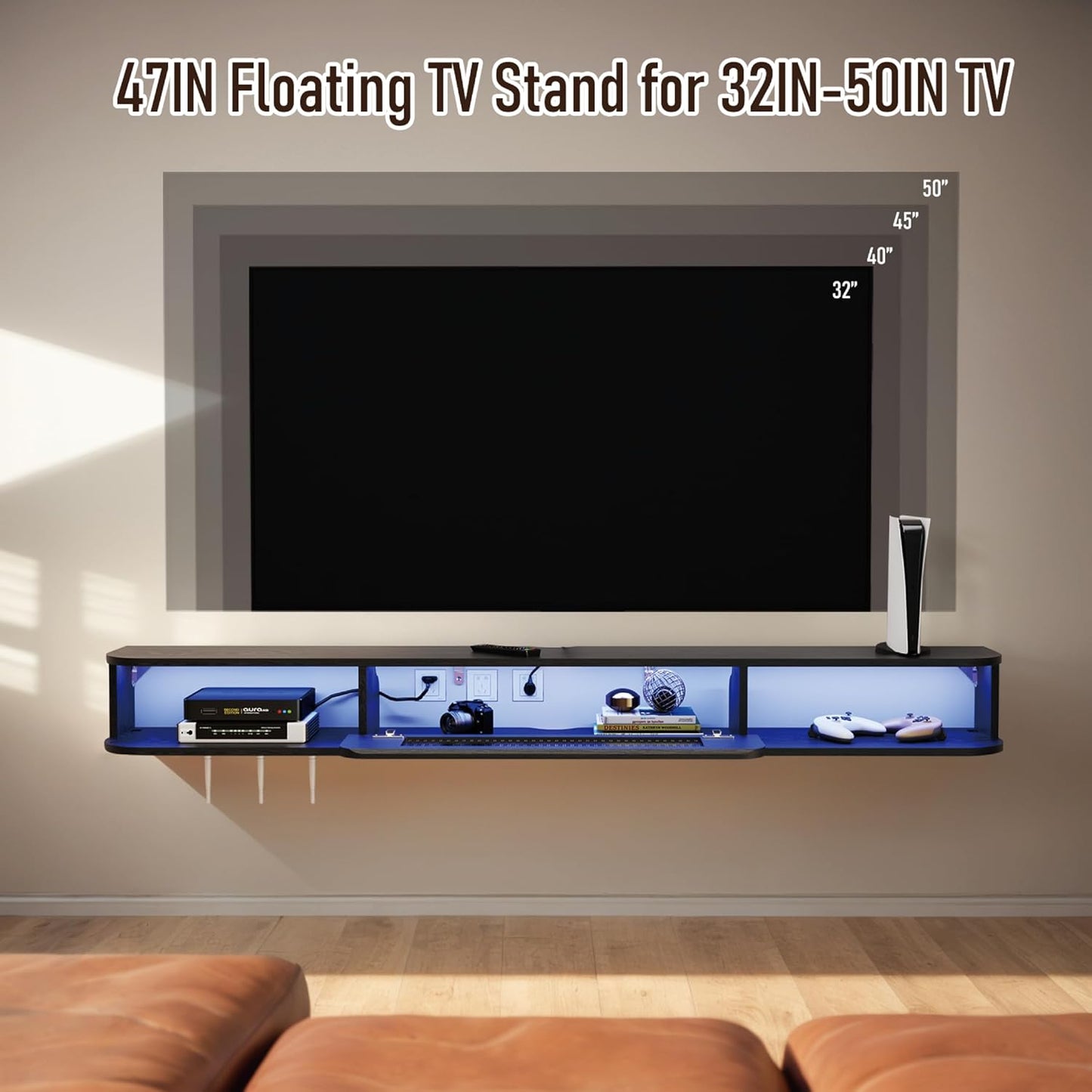 (New Open Box) Bixiaomei Floating TV Stand with LED Lights, 47'' Solid Wood Wall Mounted TV Cabinet with Glass Door, Mid-Century Entertainment Media Console Center Large Storage Shelf Under TV (47.24IN, Black)