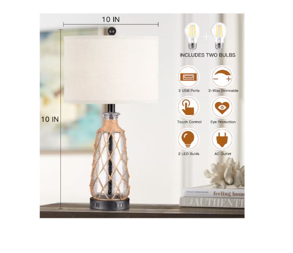 (Brand New) 25-in Baby Blue LED Touch Table Lamp Set of 2 | Linen Shade | TD-203