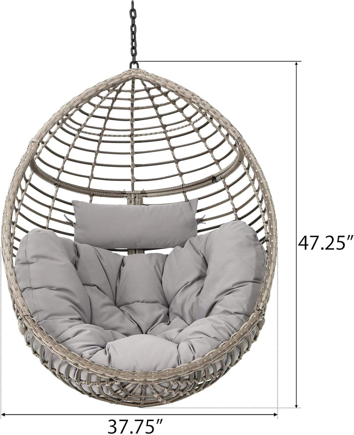 (New Open Box) Jaya Outdoor Hanging Chair, Basket Shape, Gray Rattan, Steel, 47 Inch