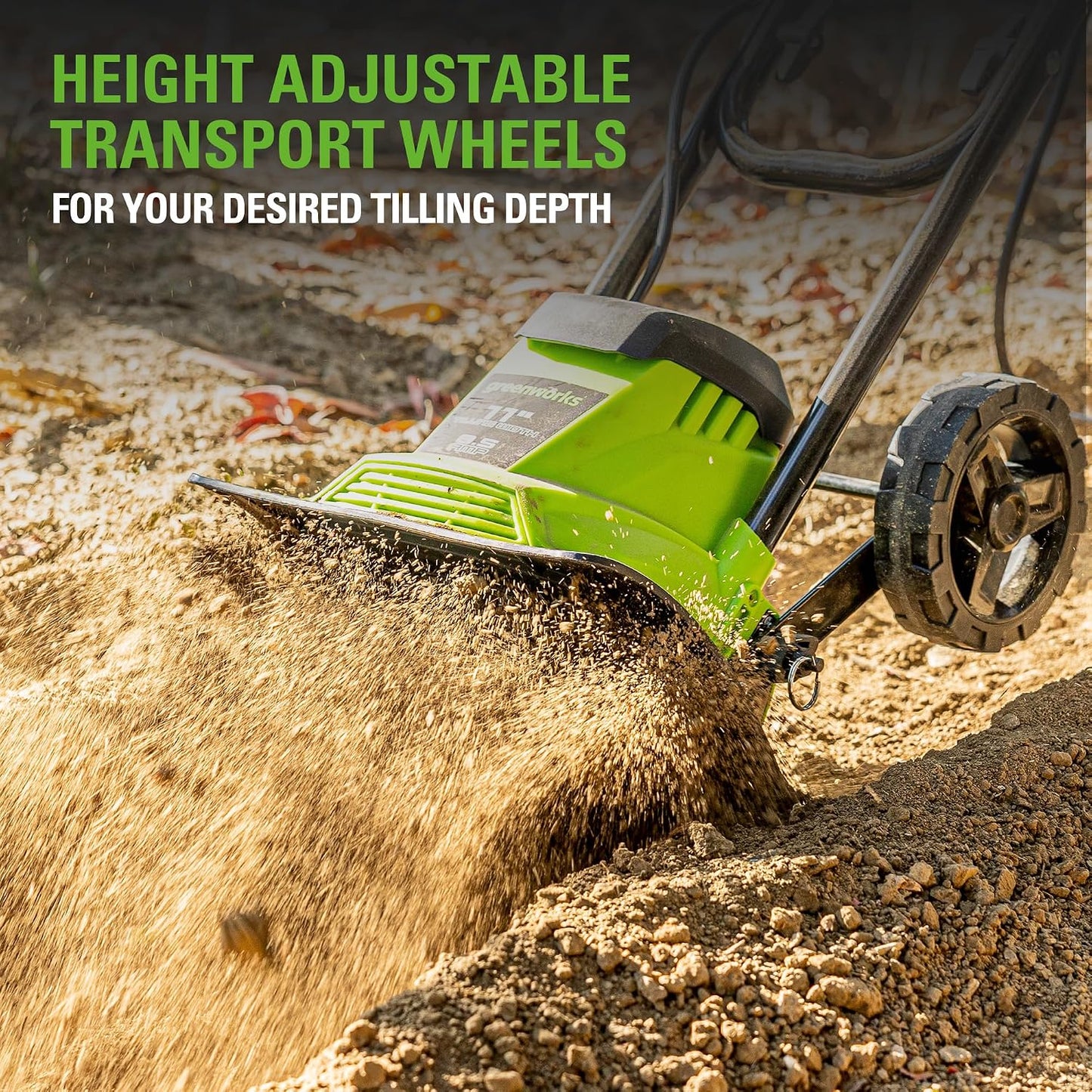 (New Open Box) Greenworks 8.5 Amp Electric Tiller | 11” • Adjustable Width & Depth • Folding Handle