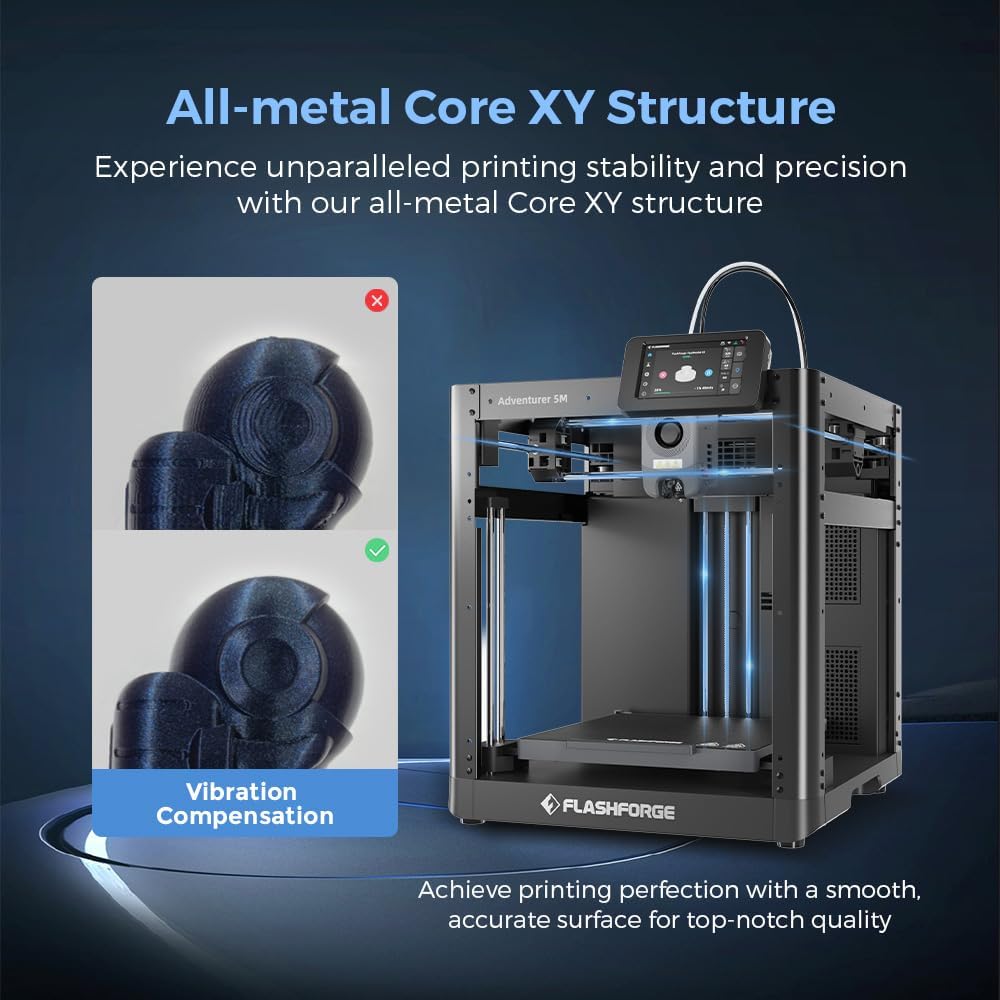 (Excellent) FLASHFORGE Adventurer 5M 3D Printer, 600mm/s High-Speed, 1 Click Fully Auto Leveling, Upgraded Direct extruder Quick Detachable 280°C Nozzle, Dual-Sided PEI Coating Plate, Print Size 220x220x220mm