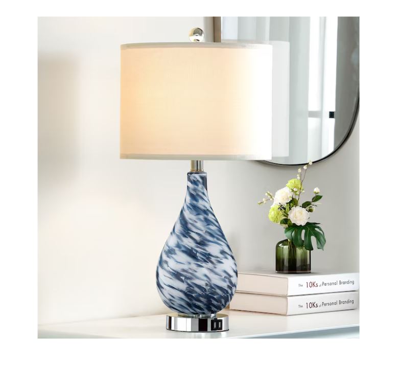 (Brand New) 24-in Blue Glass LED Touch Table Lamp | Linen Shade | TD-136