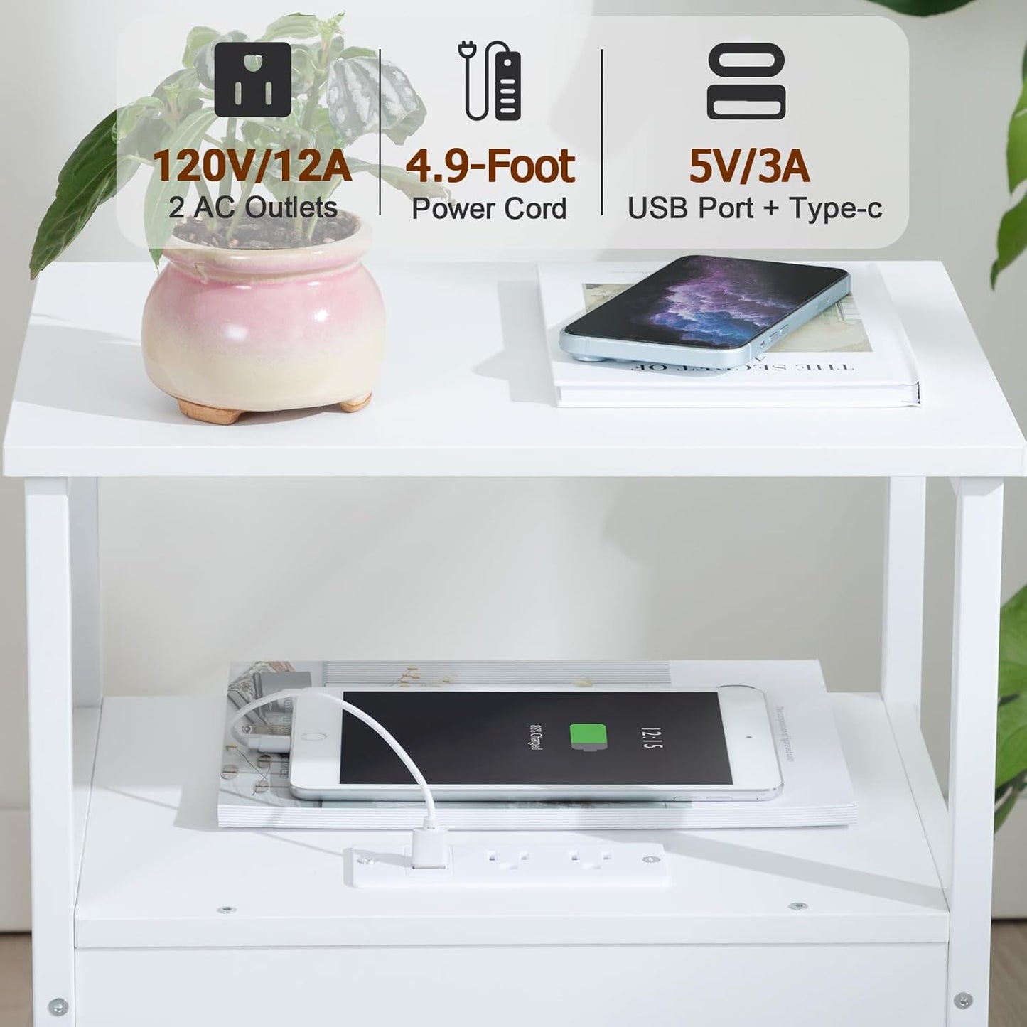 (New Open Box) LOAKEKEL Night Stand, LED Nightstand with Charging Station, Small End Table with Glass Door and Storage Shelf, Modern Side Table with USB Ports & Outlets, Bedside Table for Bedroom, White, HNS06WT-1