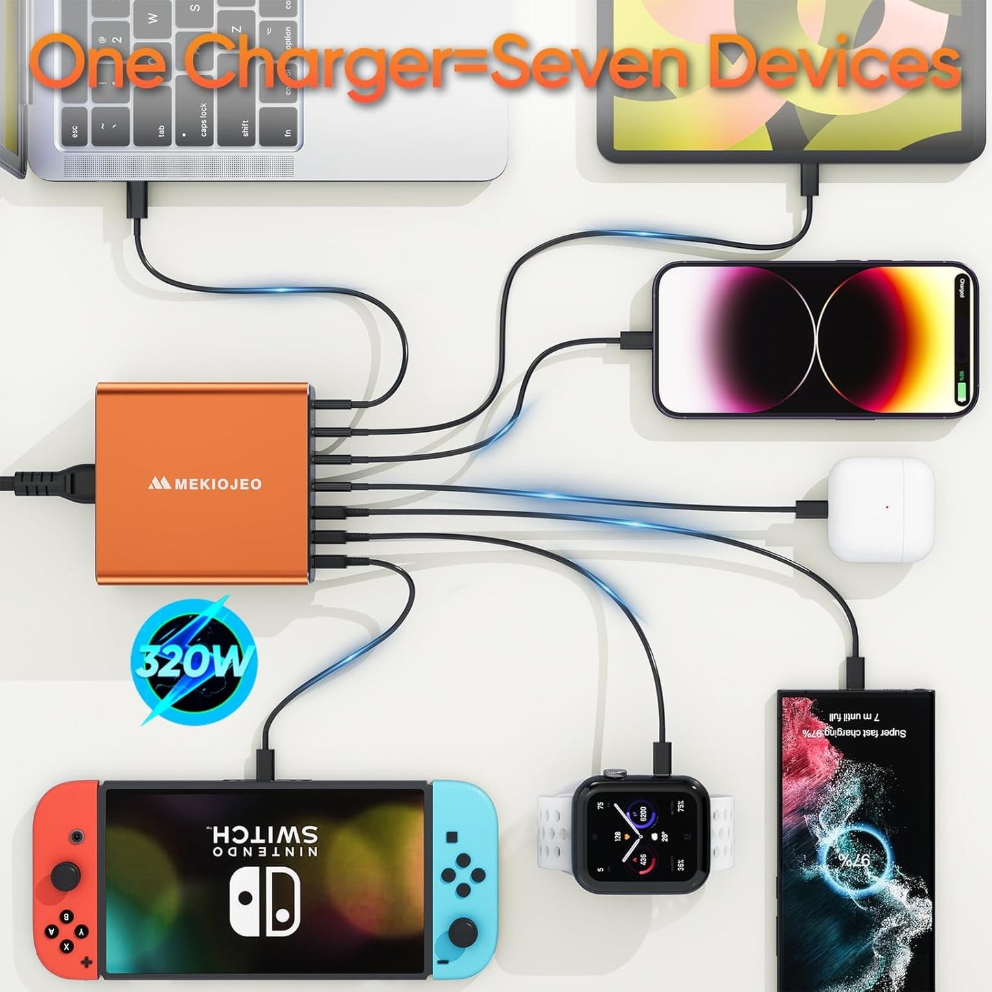 (New Open Box) Aluminum Alloy USB C Charger GaN Charger Fast USB C Charging Station 7 Ports 65W Laptop