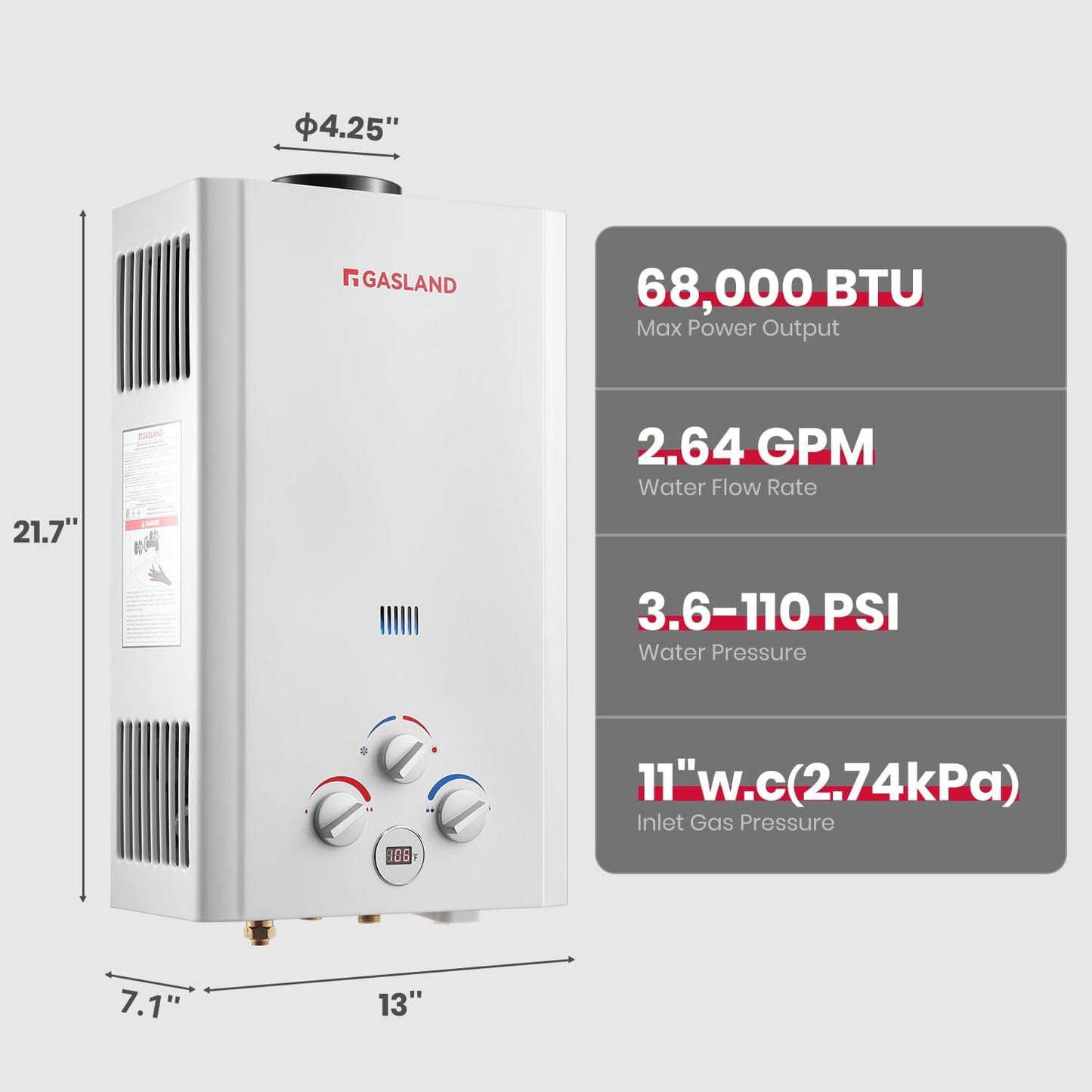 (New Open Box) GASLAND BE264 Tankless Water Heater Propane 10L, 2.64GPM Outdoor Propane