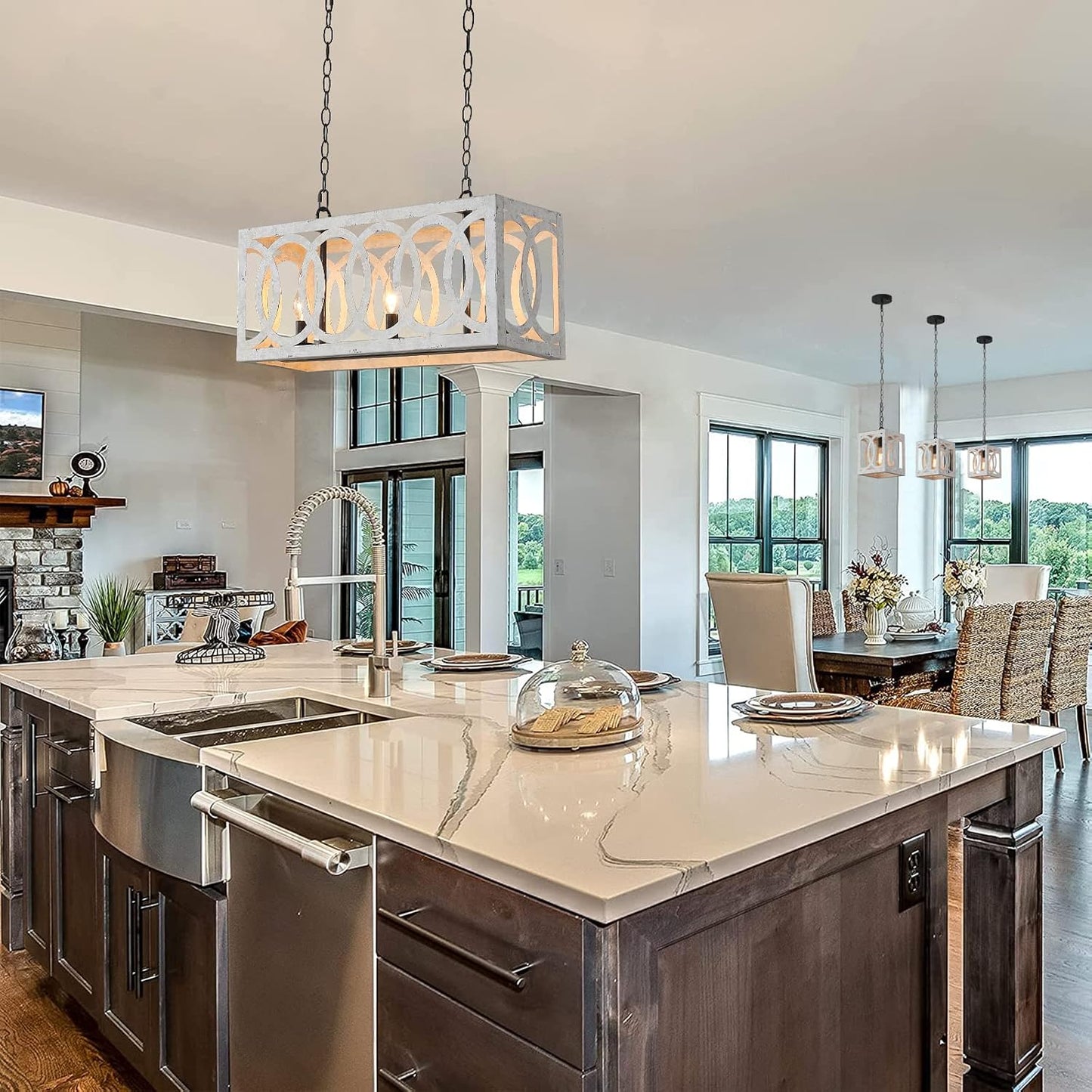 (New Open Box) PHILOMENA Kitchen Island Light Fixtures Dining Room Distressed White Rectangular Modern Farmhouse Chandelier, 3-Light Metal Rustic French Country Pendant Lighting Ceiling Light Hanging Lamp, No Wood
