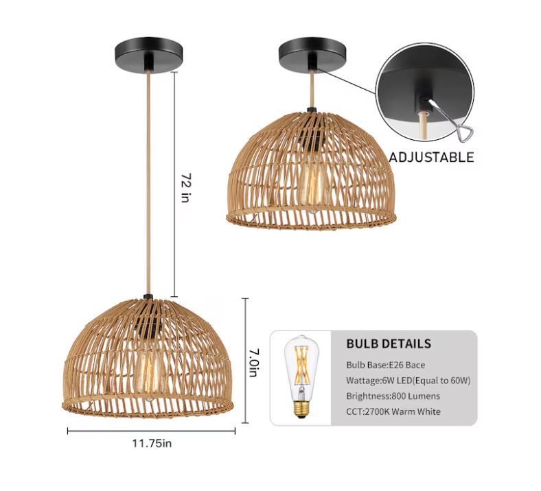 (New Open Box)  Swag Pendant 1-Light Hanging Light | Wood Color • Traditional Bowl | DD-80